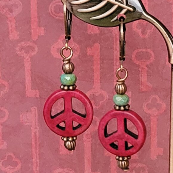 Burgundy RED Howlite Peace Sign Czech Copper Earrings Brass Lever Back Earwires - Picture 9 of 9